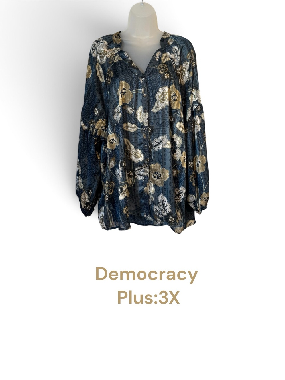 Democracy Floral V-Neck Tunic - Navy, Gold & Cream PLUS: 3X #12
